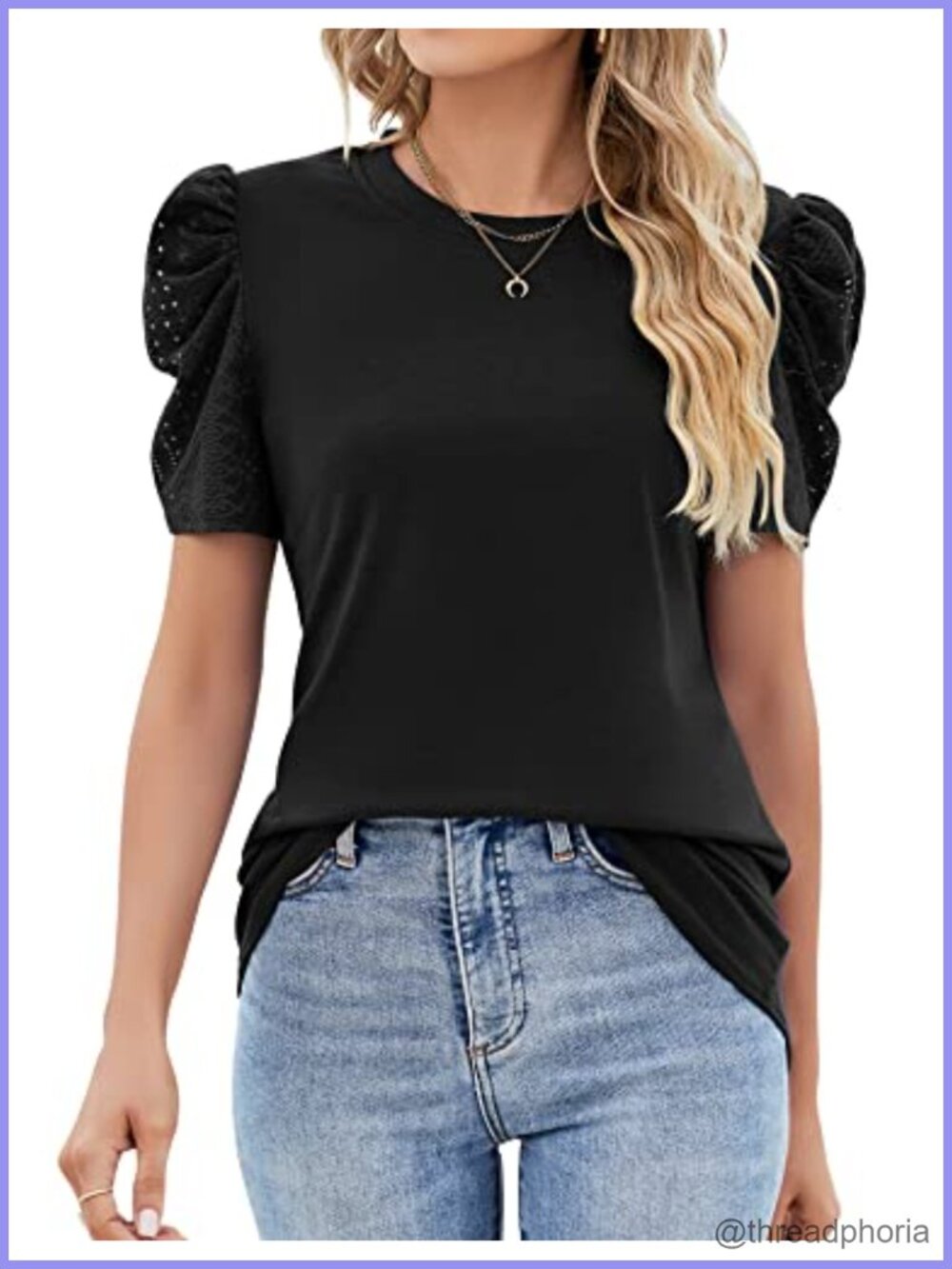 Ivicoer Puff Short Sleeve Eyelet Top Women's Crewneck Loose Fit Summer Blouse